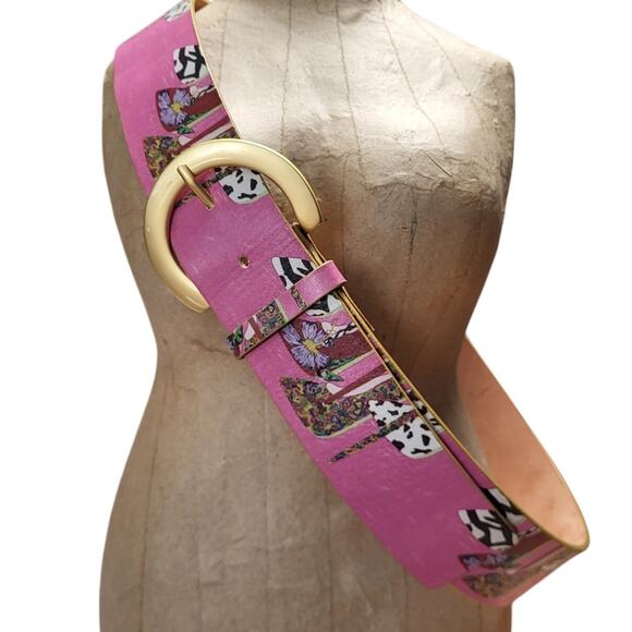 VTG Jeon Los Angeles Made in Italy Pink Leather Floral Gold Satin Buckle Md RARE - Picture 3 of 6